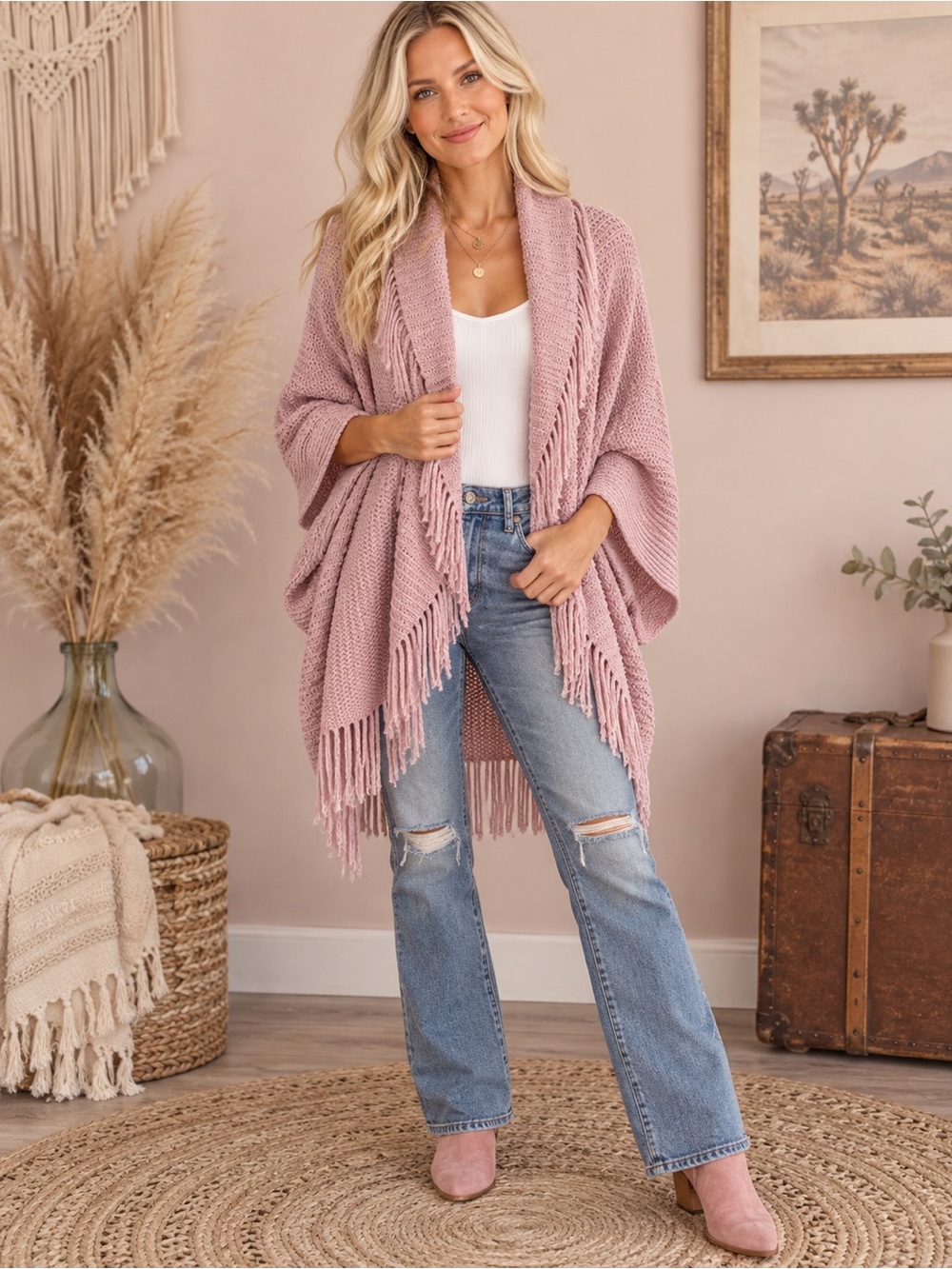 Crosstree Lane BohobOpen-Front Fringe Knit Cardigan - Dusty Rose